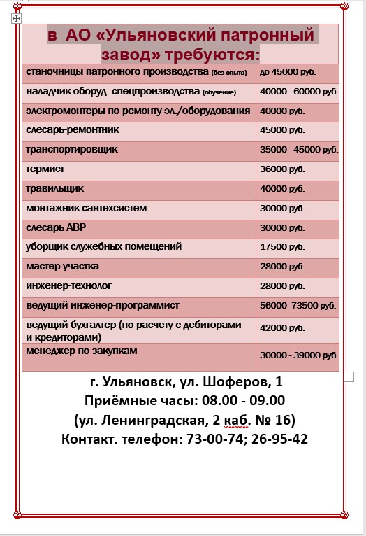 в  АО «Ульяновский патронный завод» требуются:.