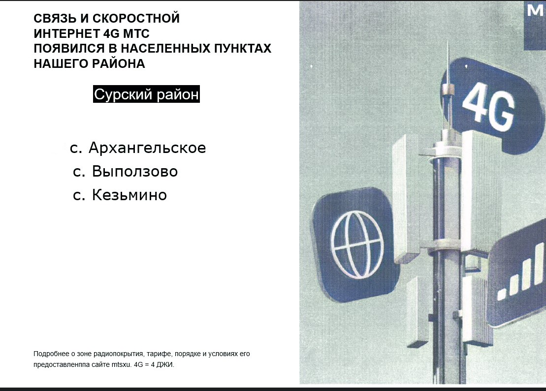 в Сурском районе новое покрытие сети появилось в населенных пунктах (с указанием доступных технологий связи):.