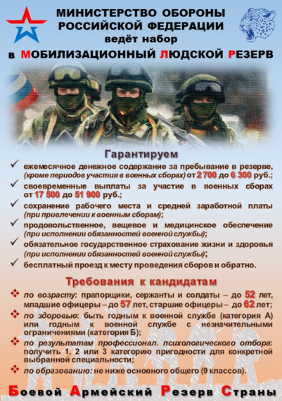МИНИСТЕРСТВО ОБОРОНЫ РОССИЙСКОЙ ФЕДЕРАЦИИ ведёт набор в МОБИЛИЗАЦИОННЫЙ ЛЮДСКОЙ РЕЗЕРВ. МИНИСТЕРСТВО ОБОРОНЫ РОССИЙСКОЙ ФЕДЕРАЦИИ ведёт набор в МОБИЛИЗАЦИОННЫЙ ЛЮДСКОЙ РЕЗЕРВ.