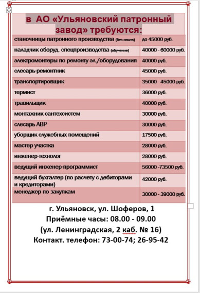 в АО «Ульяновский патронный завод» требуются:. в АО «Ульяновский патронный завод» требуются:.