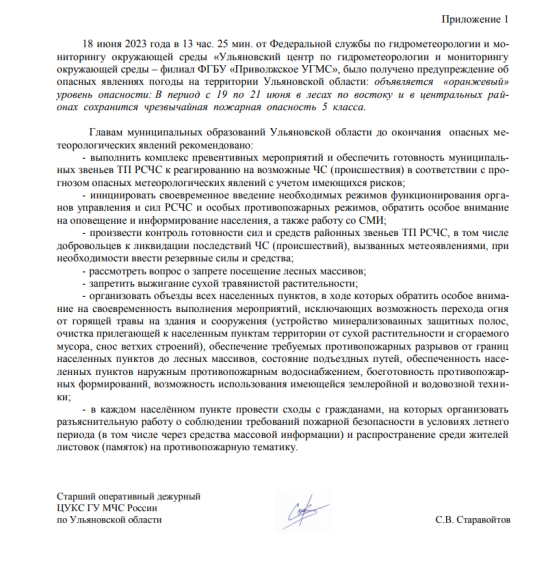 18 июня 2023 года Предупреждение об опасных явлениях погоды на территории Ульяновской области: объявляется «оранжевый» уровень опасности.